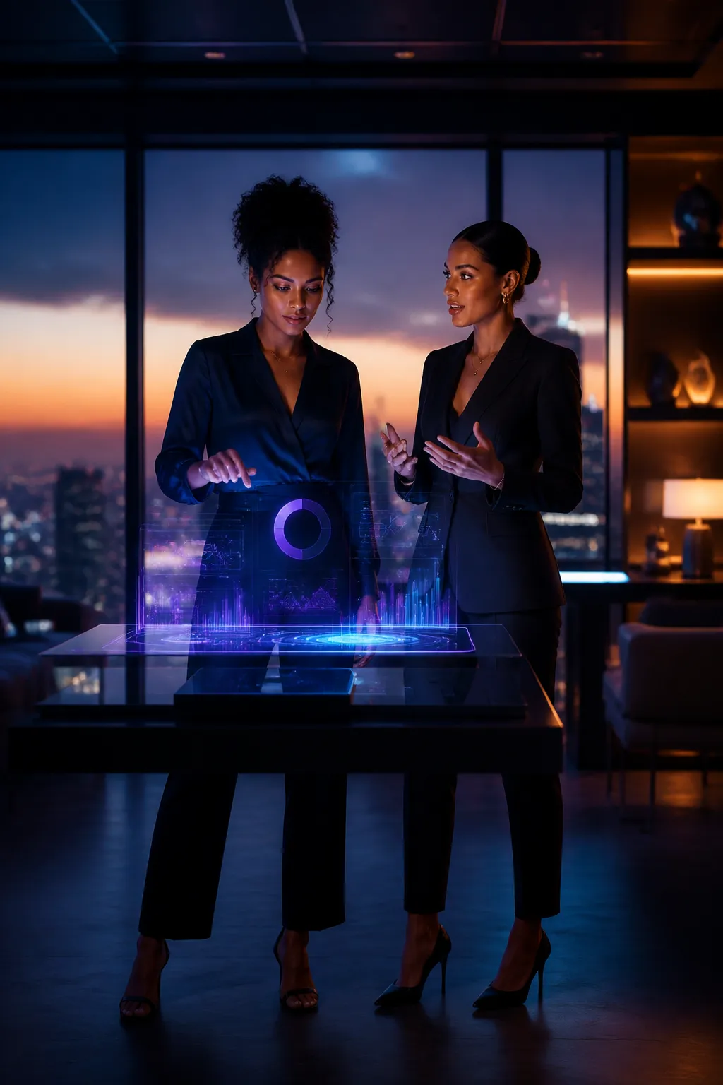 Two confident women entrepreneurs collaborating in a modern AI-powered workspace with holographic data displays